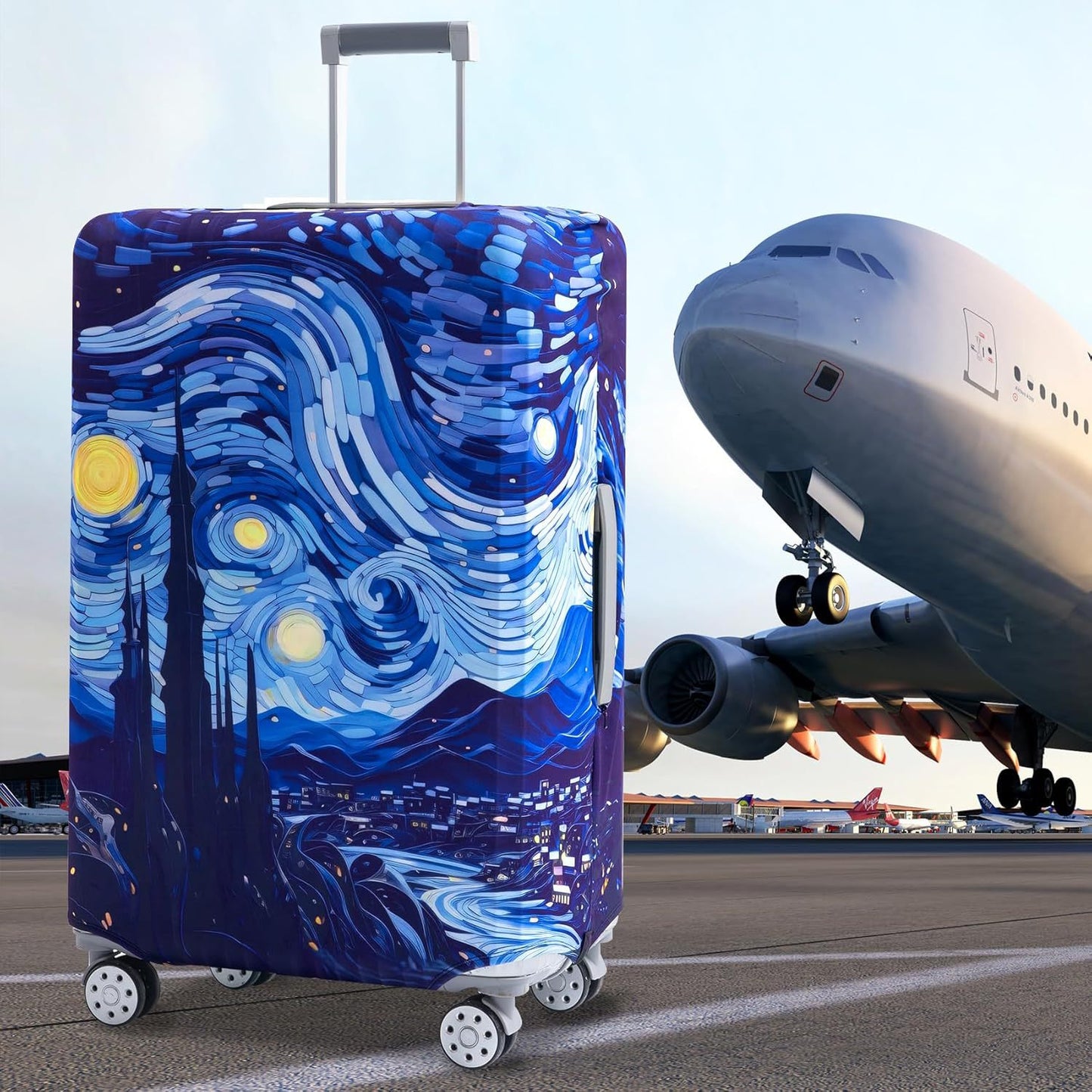 Unisex nan elastische Koffer-Schutzhülle mit weltreise Motiv für Hartschalen-Trolley und Spinner-Rollen Brehn