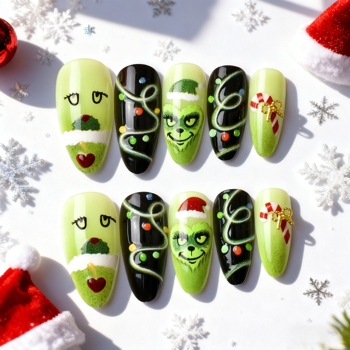 Festliches Grinch-Themen Press-On Nagelkunst Set Brehn