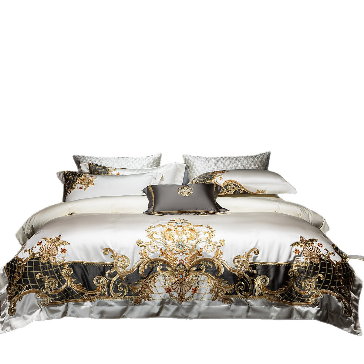 Luxuriöses besticktes Satin Bettbezug-Set mit dekorativen Kissenbezügen