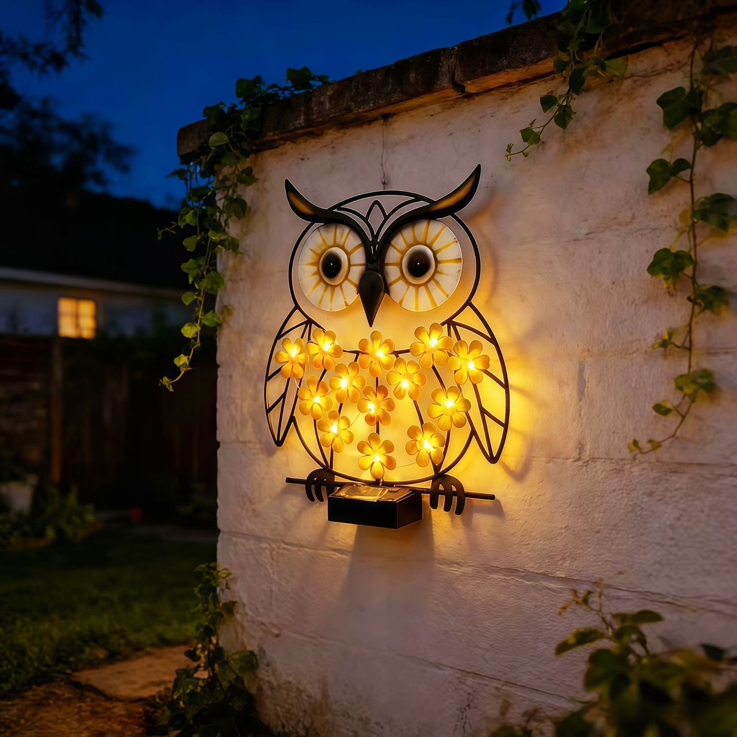 Metall Eule Wandkunst mit solarbetriebenen LED-Blumenlichtern und Eisenrahmen Brehn