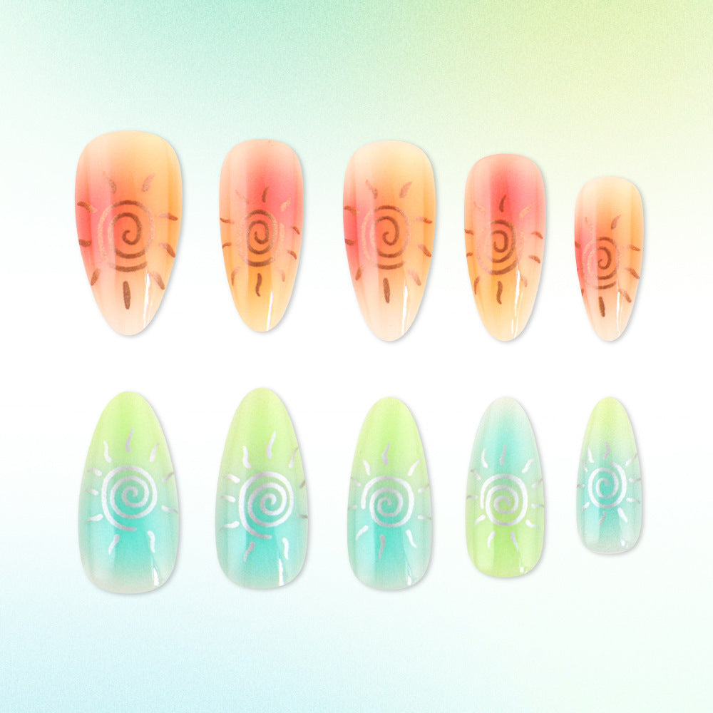 Künstlerisches Press-On-Nagelset mit Sonnendesigns Brehn