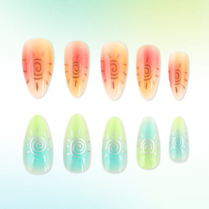 Künstlerisches Press-On-Nagelset mit Sonnendesigns Brehn