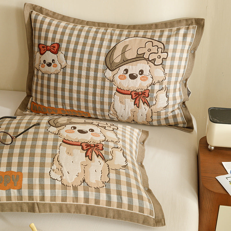 Kinder- und Jugend-Kissenbezug-Set mit niedlichem Haustiermotiv, Herz-Print und Knopfverschluss