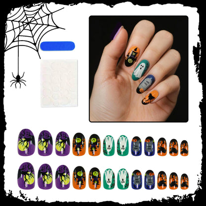Halloween Kunstnagelset mit gruseligem Geister-, Kürbis- und Spinnenmuster Brehn