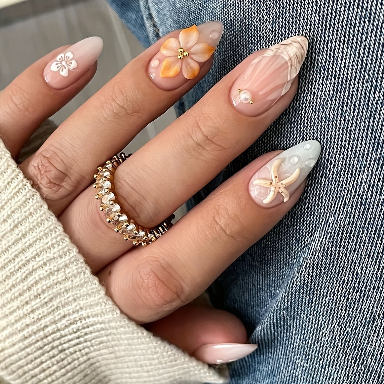 Künstlerisches 3D-Blumen-Press-On-Nagelset Brehn
