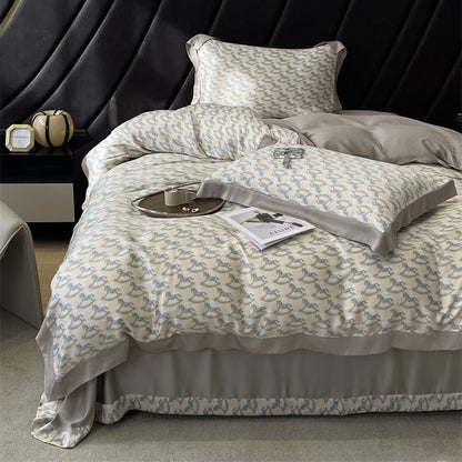Luxuriöse Satin-Bettwäsche-Garnitur mit geometrischem Jacquardmuster und Satinbesatz Brehn