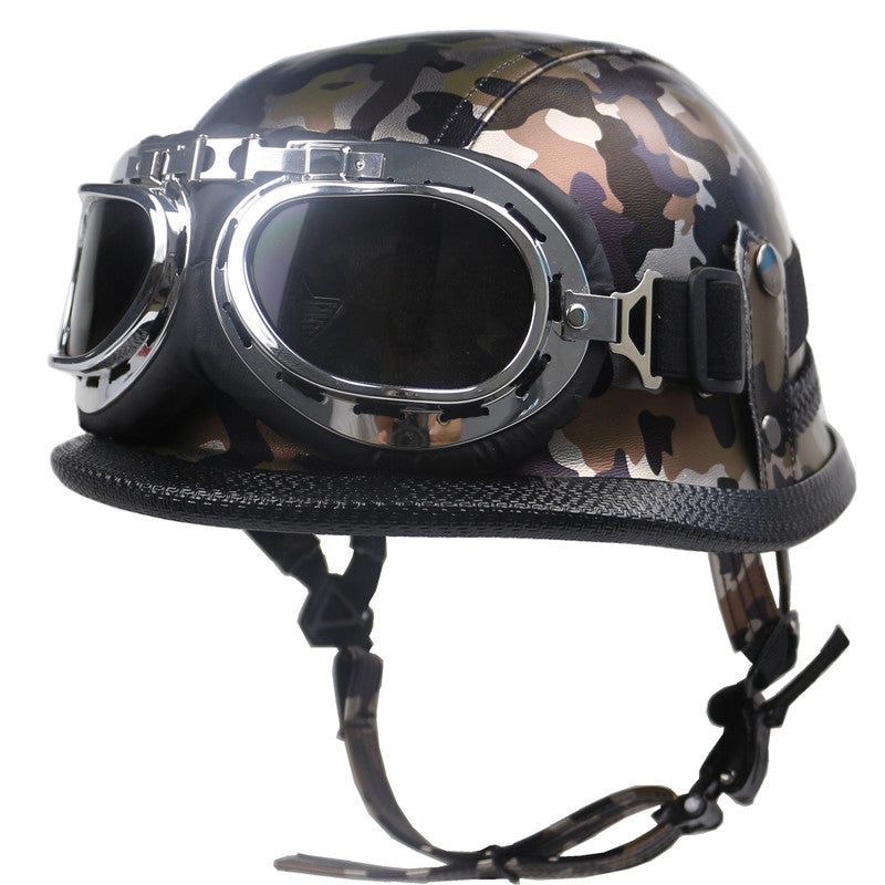 Vintage-Leder-Bikerhelm mit Brille Brehn