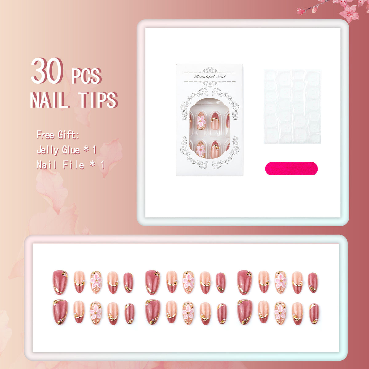 Florale Eleganz Press-On Nagelkunst Set