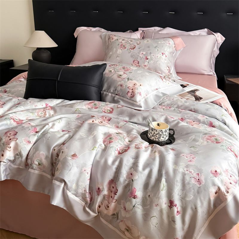 Luxuriöses Satin-Feeling Floral Bettwäsche-Set mit Bettdeckenbezug, Kissenbezügen und dekorativen Shams