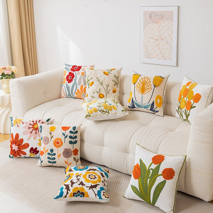 Bestickter Floral Baumwoll-Leinen Quadrat Kissenbezug mit verstecktem Reißverschluss und strukturiertem Appliqué