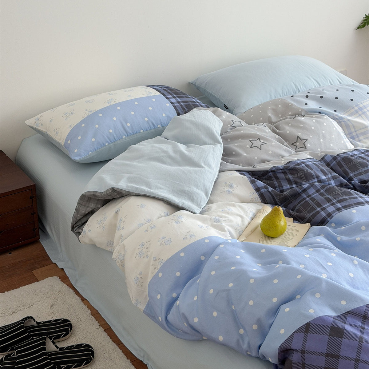 Modernes Wendbares Bettwäscheset mit Vichy-Karo- und Patchwork-Mix, inklusive Spannbettlaken