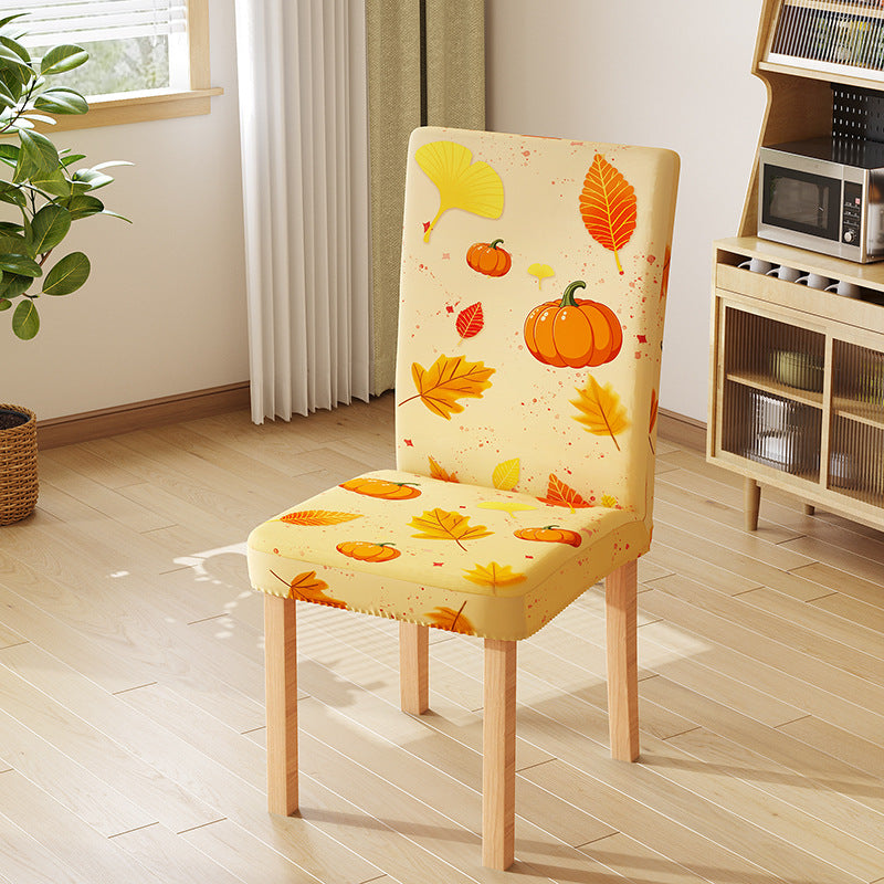 Stretch-Stuhlhusse mit herbstlichem Kürbis- und Blättermotiv