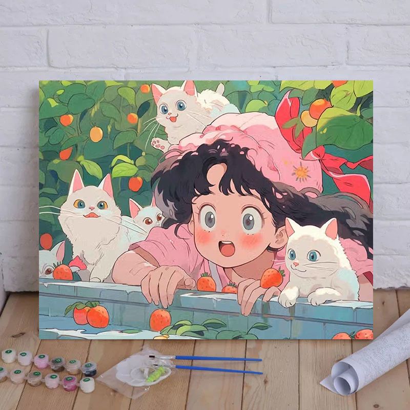 Cartoon Cat und Mädchen Themenleinwand Malset nach Zahlen Brehn