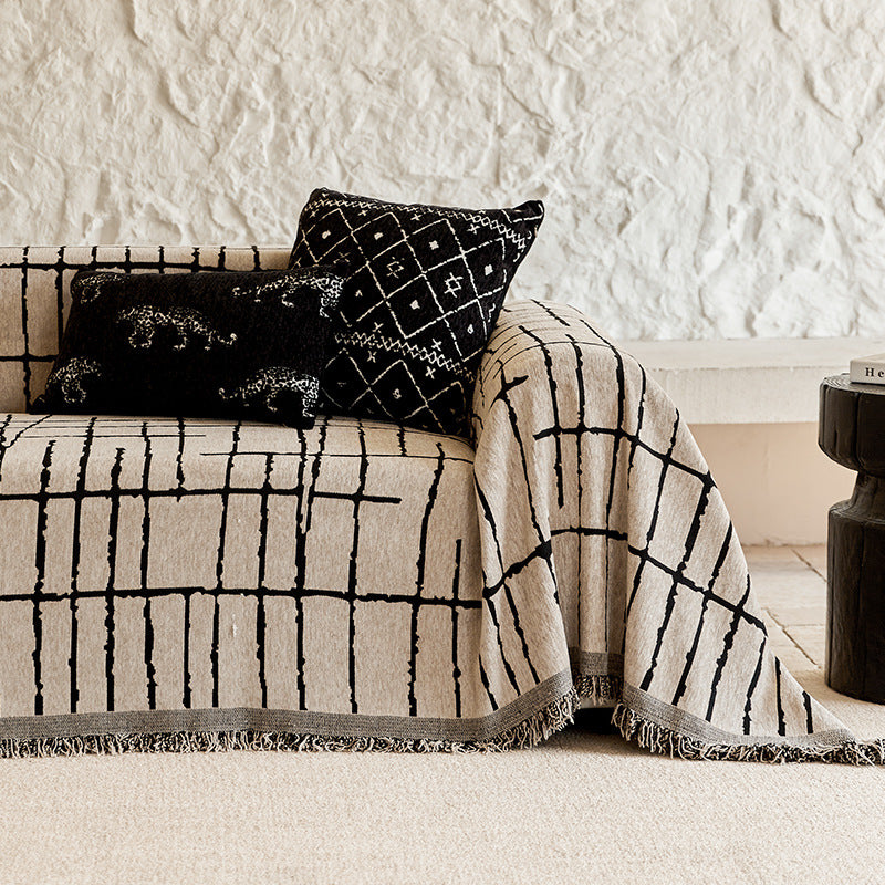 Fringed Tribal Jacquard Sofa Throw Blanket with Reversible Woven Cotton-Linen Blend