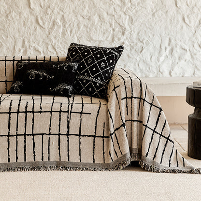 Fringed Tribal Jacquard Sofa Throw Blanket with Reversible Woven Cotton-Linen Blend