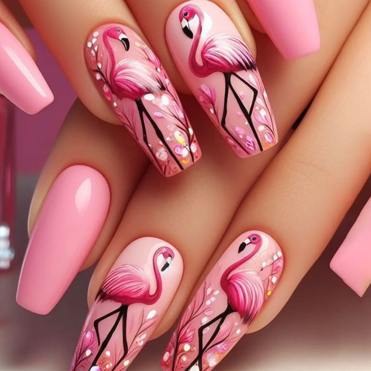 Künstlerische Flamingo Acryl Nagelkunst Verlängerungen Brehn
