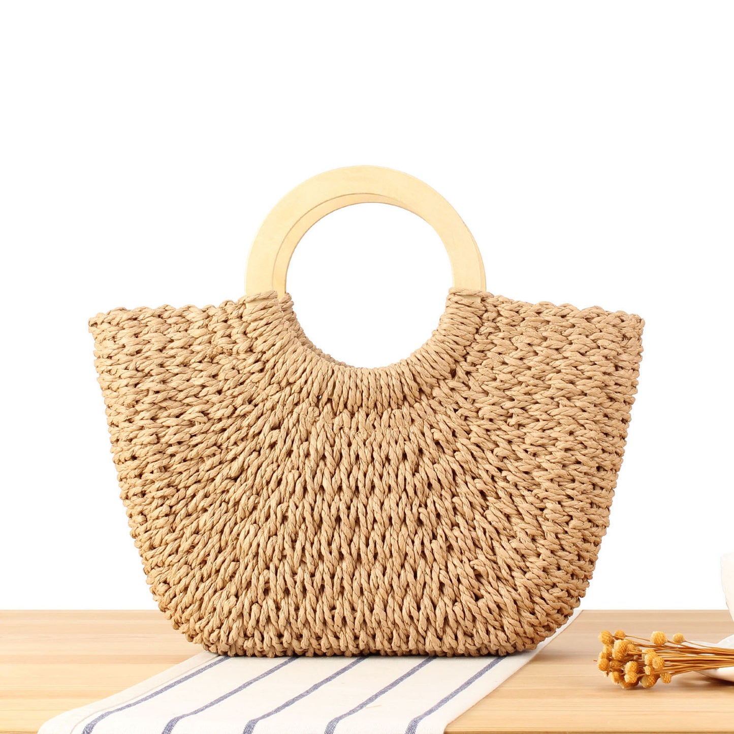 Geflochtene Basttasche mit Runden Holzgriffen Brehn
