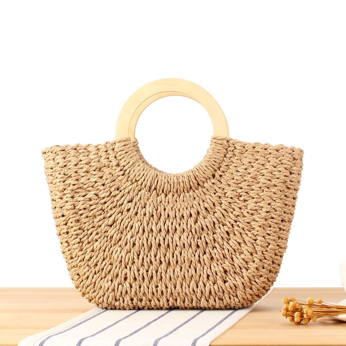 Designer Tasche Aus Handgearbeitetem Korbgeflecht mit Holzgriff Brehn