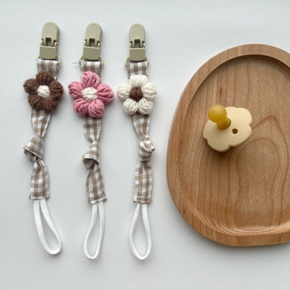 Blumenstrick Schnullerclip mit Gingham-Baumwollriemen