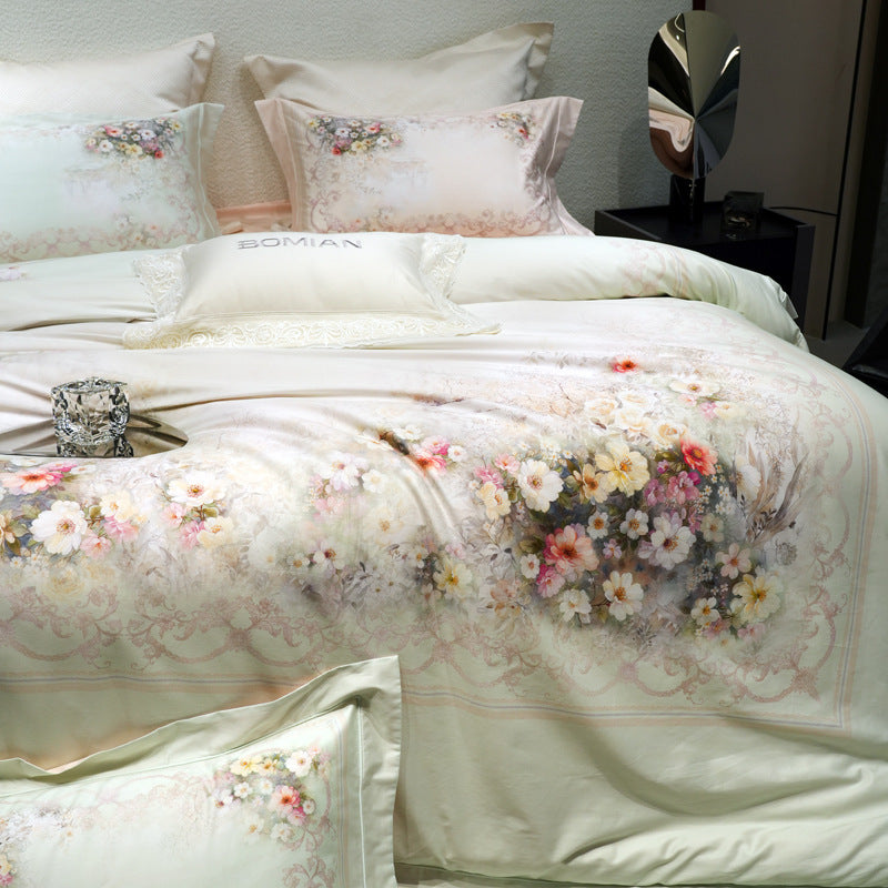 Luxuriöses Floral-Mikrofaser-Satin-Bettbezug-Set mit wendbaren dekorativen Kissenbezügen