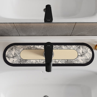 Decorative Oval Silicone Faucet Splash Guard Mat with Floral Engraved Print and Non-Slip Backing