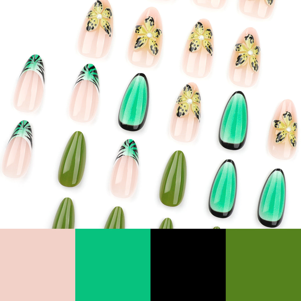 Kunstvolle Gel-Nägel mit floralem Design und Glitzereffekten Brehn