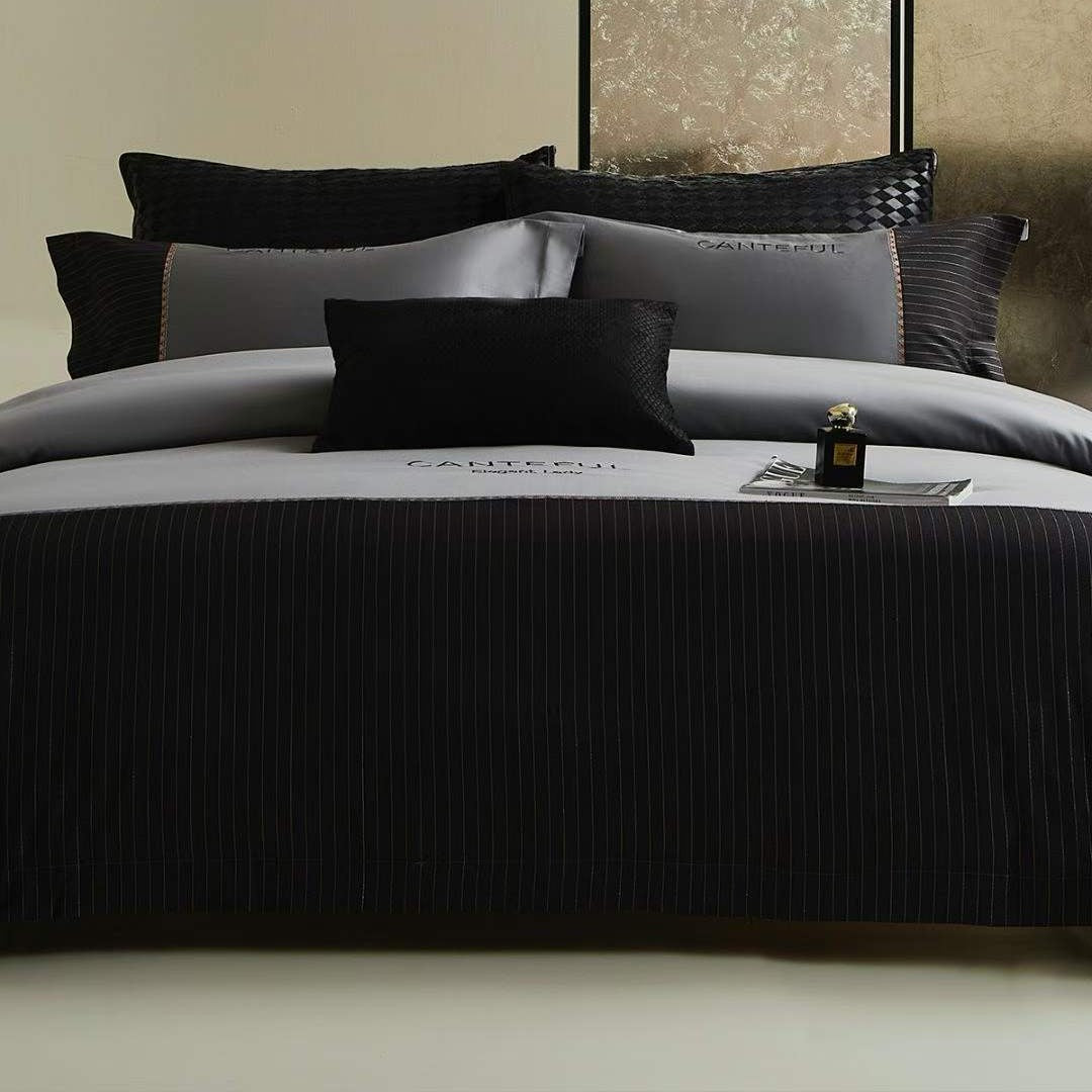 Luxuriöses Satin-Feel Wendebettbezug- und Kissenbezug-Ensemble mit Streifenbettdecke