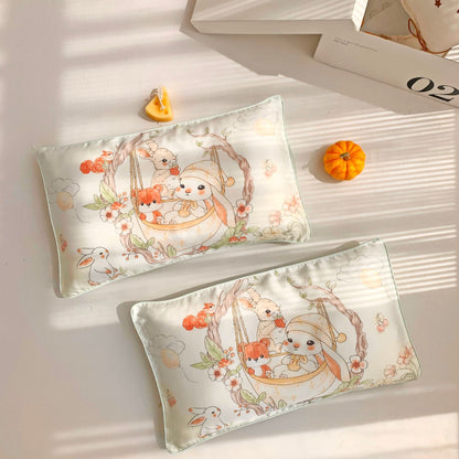 Satin-Kühl-Kissenbezug-Set mit Bunny- und Blumenillustration