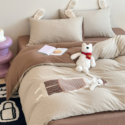 Wende-Baumwollmischung-Bettbezug-Set mit Applikation von Hasenohren & Patchwork-Puppenakzent