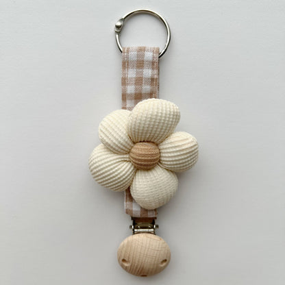 Handgefertigter Holz-Clip Schnullerhalter mit Gingham-Gurt und gepolstertem Blumenbeißring