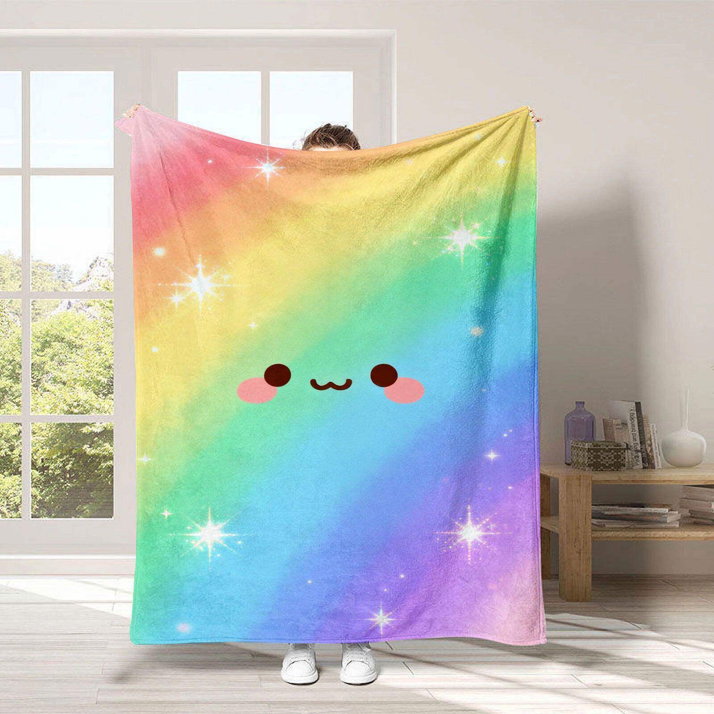 Gemütliche Regenbogen-Thema Fleece-Wurfdecke