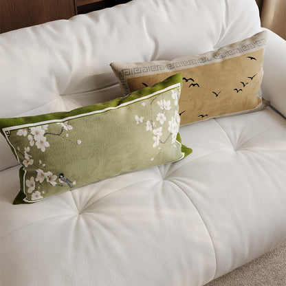 Decorative Rectangular Linen-Blend Lumbar Pillow Cover with Oriental Bird and Blossom Print and Contrast Velvet Border