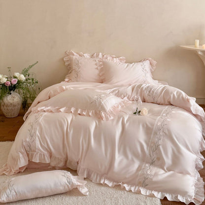 Luxuriöses Satin-Bettwäsche-Set mit Rüschen und Blumenstickerei