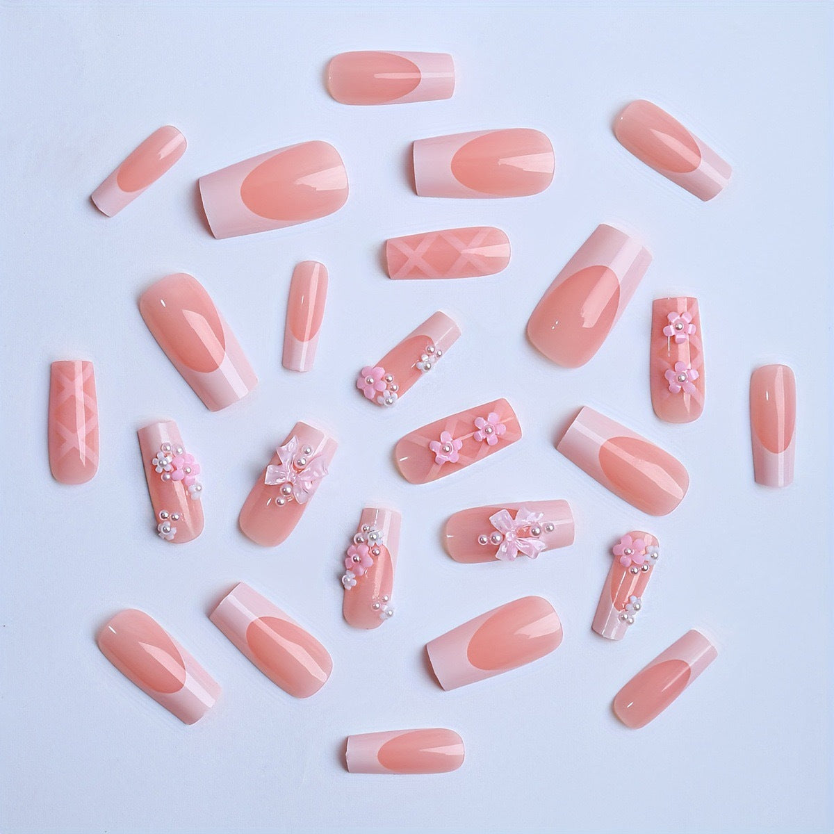 Kunstnagelset mit eleganten 3D-Blüten und Schleifenverzierungen Brehn