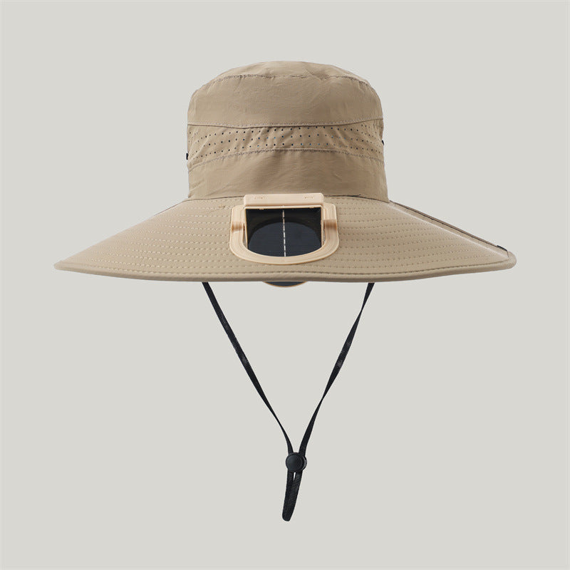 breiter Outdoor-Sonnenhut mit Solarmodul, leisem Mini-Ventilator und verstellbarem Kinnriemen Brehn