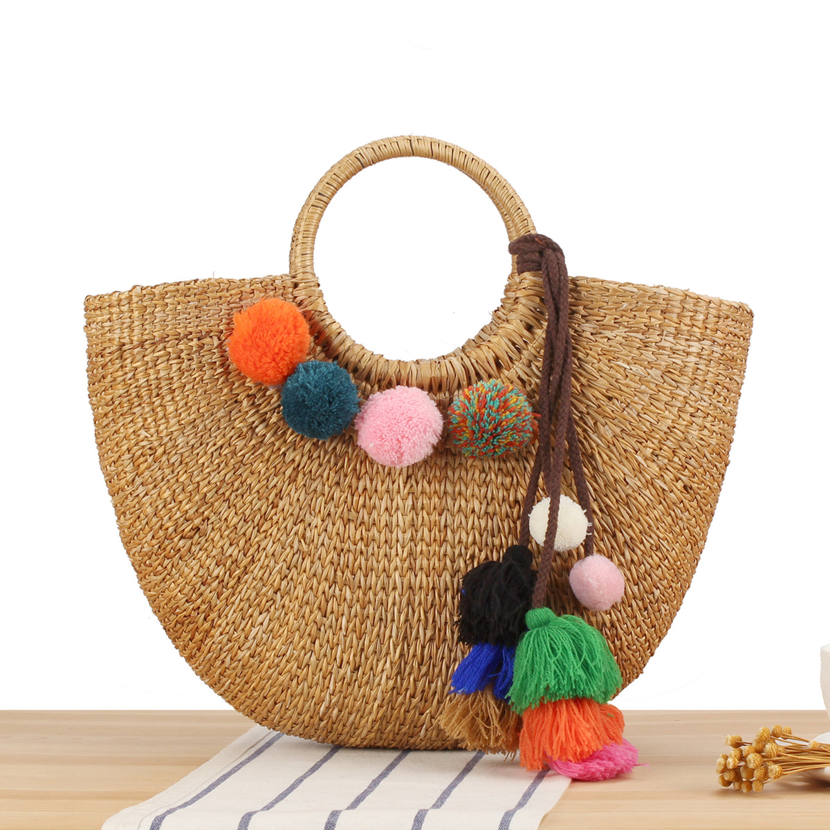 Stroh-Handtasche mit Bunten Quasten und Pompons Brehn