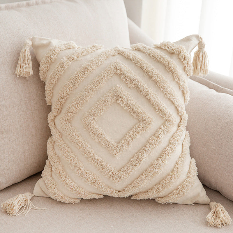 Quadratischer Zierkissenbezug im Boho‑Chic mit 3D‑Diamanttufting, Eckquasten und Baumwoll‑Leinen‑Mix Brehn