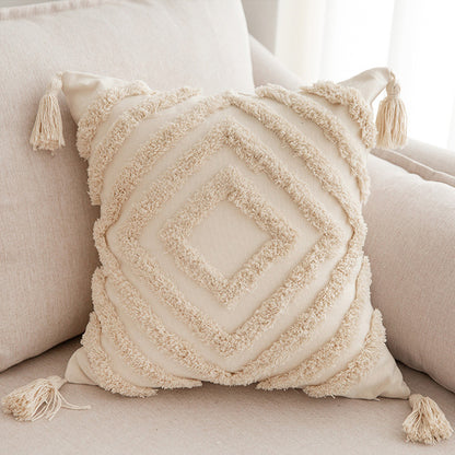 Quadratischer Zierkissenbezug im Boho‑Chic mit 3D‑Diamanttufting, Eckquasten und Baumwoll‑Leinen‑Mix Brehn
