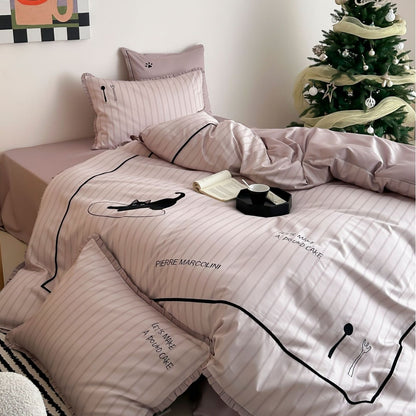Bettwäsche-Garnitur aus Baumwollsatin mit niedlichem Katzenmotiv und Rüschenrand