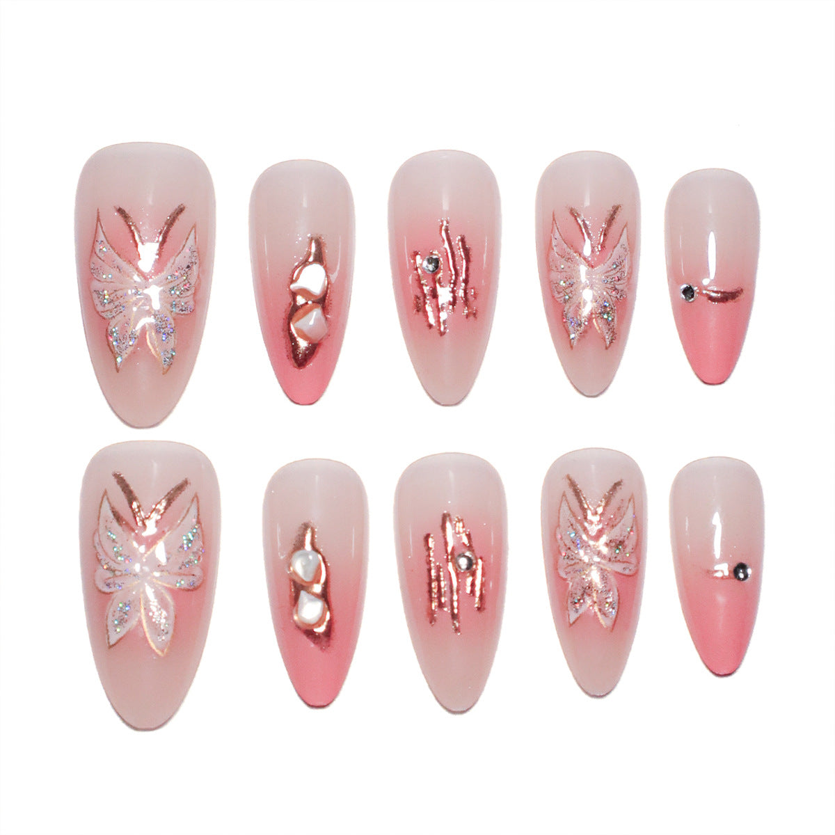 Künstliche Nagelverlängerungen mit floralen Motiven und Glitzerakzenten Brehn