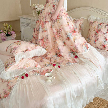 Luxuriöses mehrteiliges Vintage-Bettwäsche-Set mit Rüschen und Blumenmuster