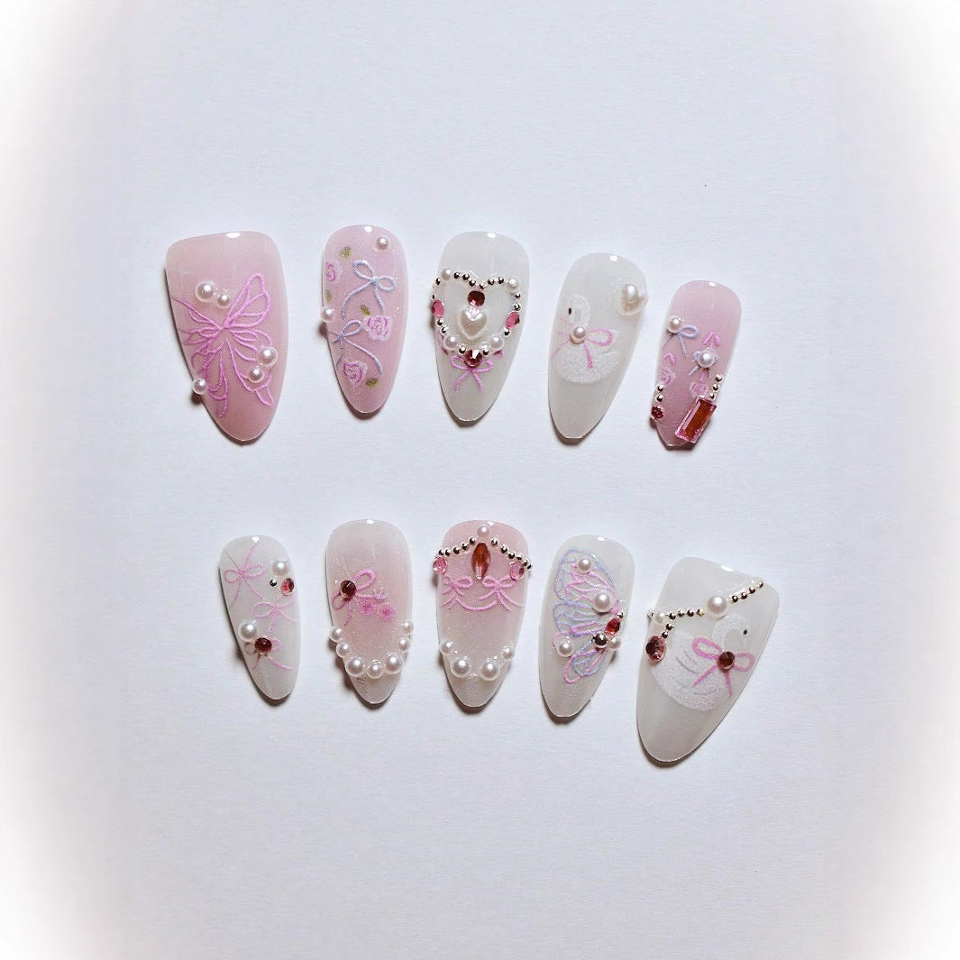 Dekorative 3D Schleife und Perle Press-On Nagelkunst Brehn