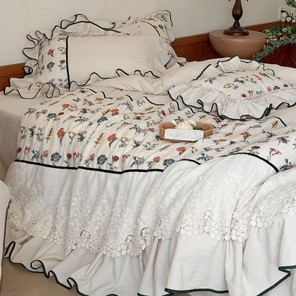 Bestickte florale Rüschende Bettwäsche und Kissenbezug Set