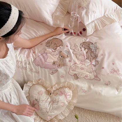 Luxuriöses besticktes Bettwäscheset aus Baumwollsatin mit Rüschen und Märchenmotiv Brehn