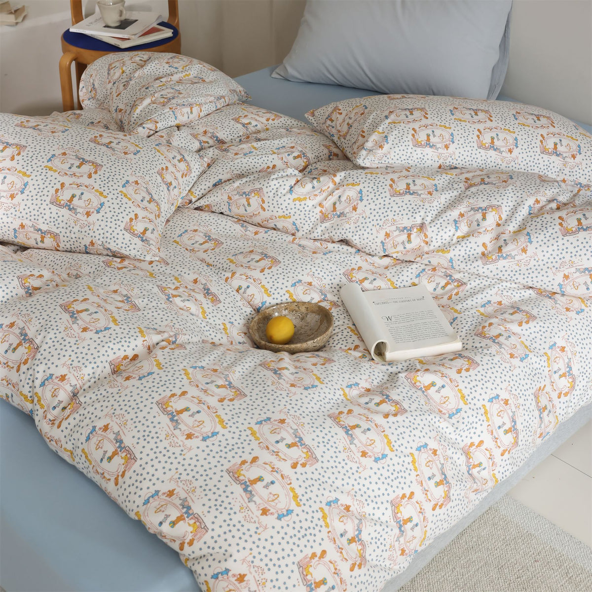 Wendbares Duvetbezug- und Kissenbezug-Set aus Baumwollsatin mit Teddybär- und Mondprint