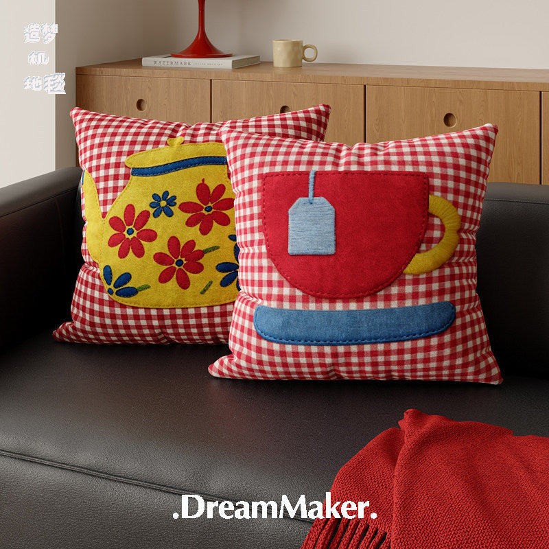 Decorative Gingham Appliqué Coffee Cup Throw Pillow Cover