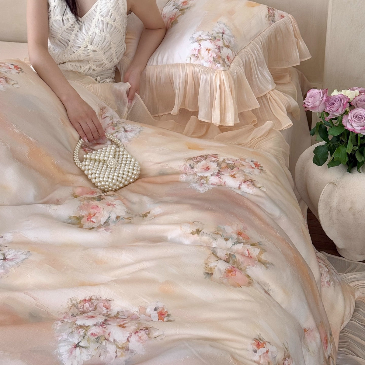 Blumen Rüsch Satin Bettbezug Set
