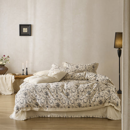 Florales gesteppte Bettbezug-Set mit Leinenbesatz