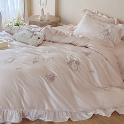 Luxus Baumwollsatin Bestickte Botanische Kaninchen Bettbezugset