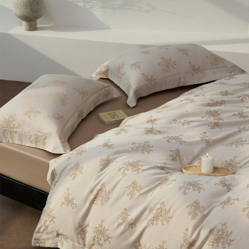 Botanisches Jacquard Baumwollsatin Bettwäsche Set mit Kontrastpaspel